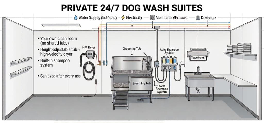 Cutaway view of a private dog wash suite with height-adjustable tub, high-velocity dryer, built-in shampoo system, and utility sink